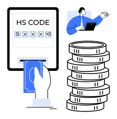 Hand inserting cash, HS code on screen, coins, and business expert analyzing. Ideal for trade, finance, tax, customs logistics global business economic management. Flat simple metaphor