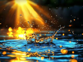 Wall Mural - Stunning Water Droplet Splash at Sunset Golden Hour Reflection in Blue Water