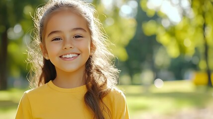 Poster - Close up portrait of a Hispanic teenage girl with a soft warm smile radiating calmness and comfort in natural daylight against a blurred green foliage background