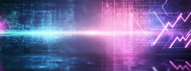 Fototapete - Neon glowing arrows and light rays on dark purple background for modern presentation design