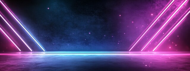 Fototapete - Neon glowing arrows and light rays on dark purple background for modern presentation design