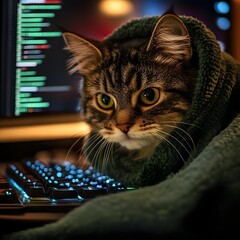 Poster - Domestic Cat Hacker Typing on Keyboard in Digital Workspace Showcasing Talent Skill and Expertise in Cybersecurity Technology and Programming