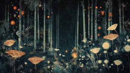 a dark whimsical forest illustration with glowing orbs and flowers