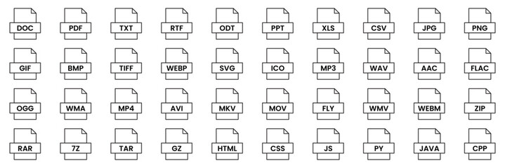 Wall Mural - set of file extension icon. set file document formats: pdf, csv, doc, jpg, rtf, txt, xls, rar, zip, 