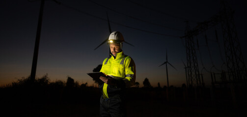 Aufkleber - Engineer man working with tablet at windmill farm Generating electricity clean energy. Wind turbine farm generator by alternative green energy.