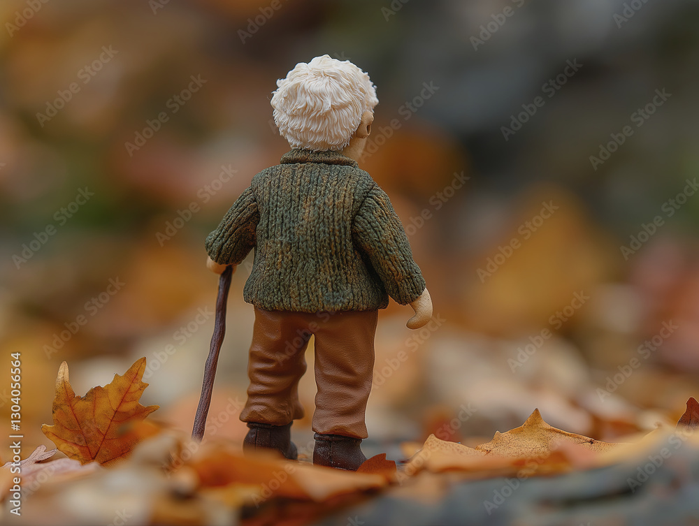 old man figurine with brown pants and walking stick stands among autumn ...