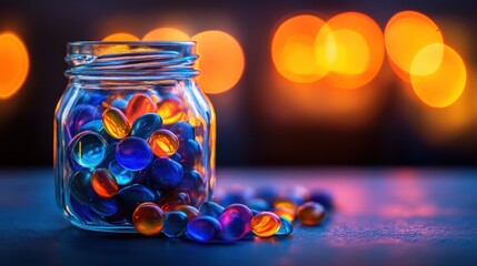 Colorful Glass Jar with Beads in Night Scene