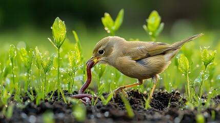 closeup view of a small robin bird perched on the ground pulling an earthworm from the moist dewy gr