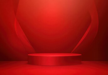 Poster - A Bright Red Backdrop with Smooth Curves and a Circular Podium for Creative Presentations and Artistic Displays in a Minimalist Style