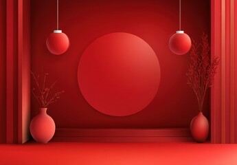 Poster - A Vibrant Red Interior Space with Minimalist Design Featuring Spherical Pendant Lights and Decorative Vases for Modern Aesthetic Appeal