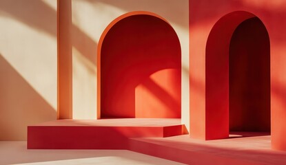 Poster - Abstract architectural shapes in warm tones featuring arches and smooth surfaces, creating a minimalist and modern interior design aesthetic