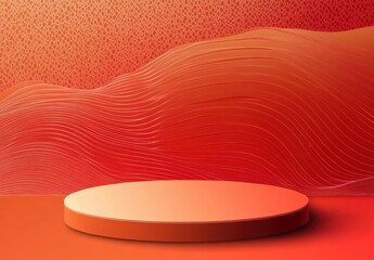 Poster - Abstract Background with Smooth Waves and Round Platform in Vibrant Red and Orange Tones for Product Display or Creative Presentations