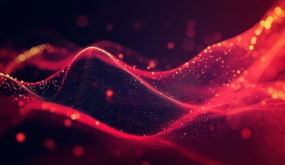 Poster - Abstract Red and Orange Wavy Patterns with Glittering Particles Creating a Digital Landscape in a Beautiful Light Display