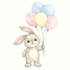 Poster - Watercolor cute bunny with balloons Isolated on White Background, kids illustration . Generative AI