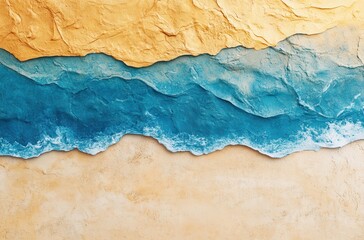 Poster - Abstract representation of waves and sandy beach with textured layers of blue and yellow colors, evoking a serene and calm oceanic landscape