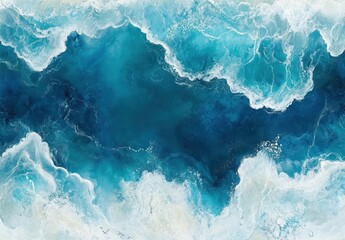 Poster - Beautiful Abstract Ocean Waves in Shades of Blue and Turquoise with White Foam on a Calm Summer Day for Relaxation and Tranquility in Nature