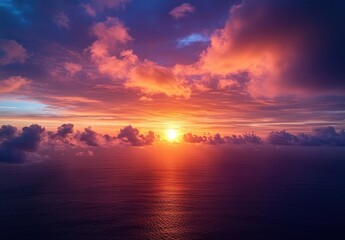 Poster - Breathtaking Sunset Over Calm Ocean Waters with Colorful Clouds Reflected in Twilight Sky Viewed from Above