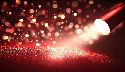 Poster - Bright Red Spotlight Shining on Sparkling Glitter, Creating a Dreamy Bokeh Effect, Perfect for Celebratory Occasions and Festive Backgrounds