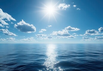 Poster - Bright Sunlight Over Tranquil Ocean Surface with Soft Clouds Reflecting on Calm Waters in a Clear Blue Sky