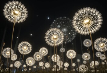 Poster - Enchanting Night. Glowing Dandelions. Magical Meadow. Warm Light. Dreamlike Landscape. Whimsical Scene. Natural Beauty. Fantasy. Soft Glow. Peaceful Setting. Serene Ambiance. Tranquil Moment.