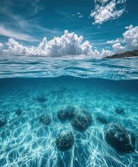 Poster - Calm Ocean Waters with Rocks Under Crystal Clear Surface and Dramatic Clouds in the Sky Captured in a Serene Tropical Environment