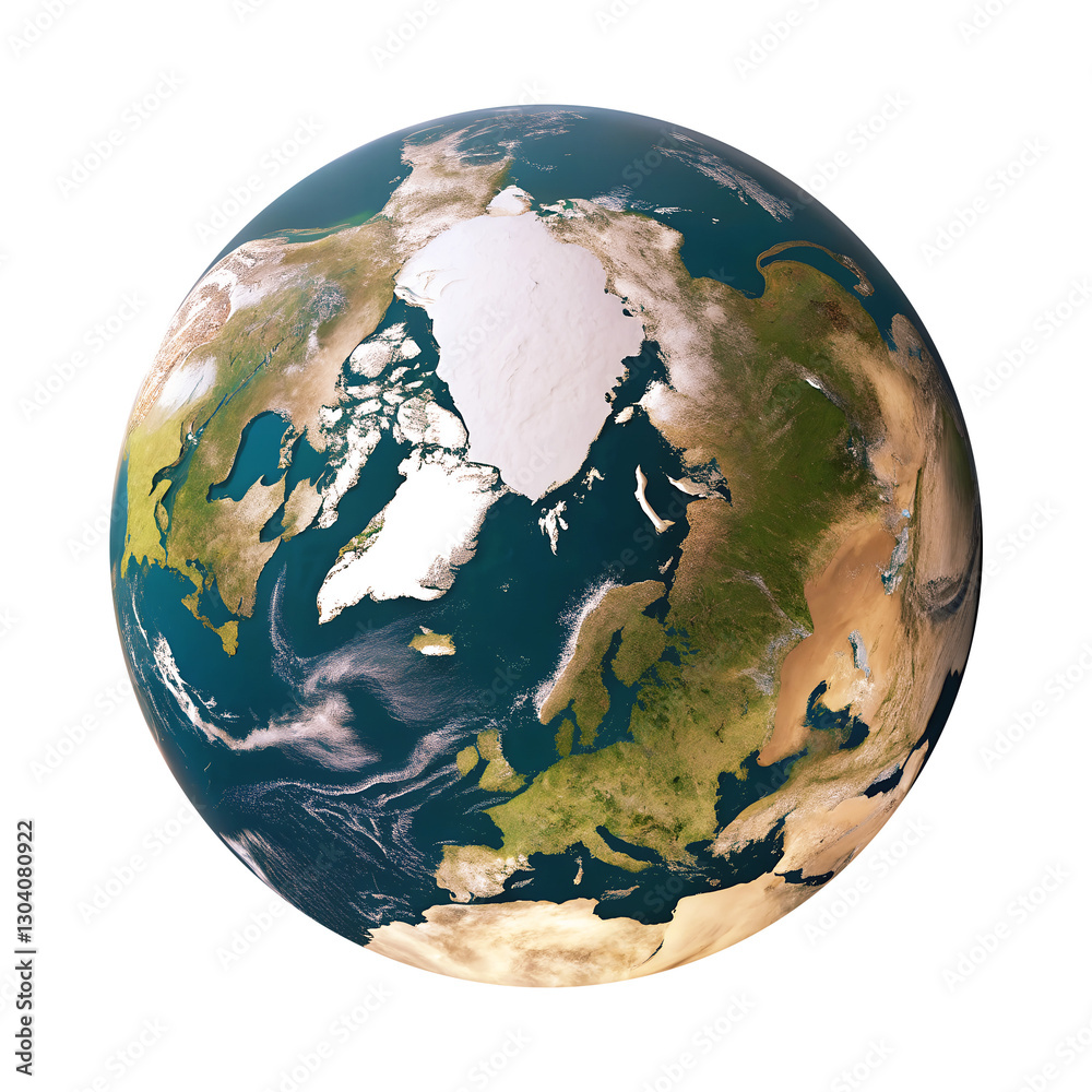 Earth North Pole top-down view with continents and ice caps on