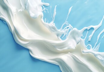 Poster - Creamy white liquid swirls gracefully against a soft blue background, creating an artistic and fresh visual perfect for culinary and lifestyle themes