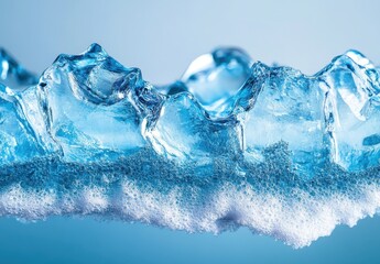 Poster - Crystal Clear Blue Ice with Foamy Bubbles on a Soft Blue Background Evoking Freshness and Coolness for Aesthetic and Natural Themes