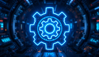 Glowing Gear Symbol in Futuristic Blue Technology Space Design