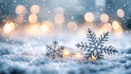 Poster - Delicate Snowflakes Among Shimmering Lights in a Serene Winter Wonderland with Gentle Snowfall Creating a Magical Holiday Atmosphere