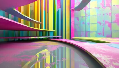 Poster - Vibrant colorful abstract art display modern gallery digital artwork creative environment wide angle view contemporary design