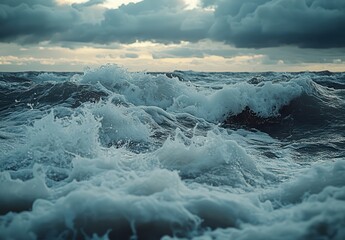 Poster - Dramatic Ocean Waves Under Cloudy Sky Creating a Sense of Power and Movement in the Untamed Sea at Dusk