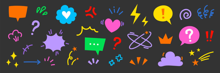 Poster - Comic cute speech bubble cartoon effect element icon set. Comic cute speech bubble, emoji, star spark, line movement cartoon vector icon. Outline doodle heart, arrow, funny spark. Vector illustration