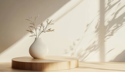 Poster - Elegant minimalist vase with delicate branches casting shadows on a light wall in a serene and modern interior design setting