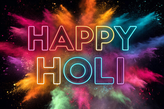 Happy Holi design with colorful paint splatters.