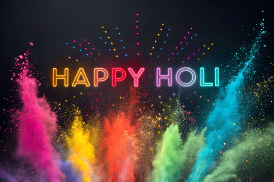 Happy Holi design with colorful paint splatters.