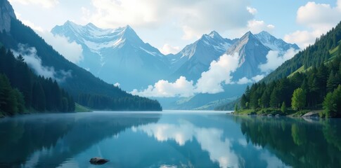 Naklejka na meble Misty mountain lake, shrouded forest, dramatic peaks , tranquil, forest, woodland