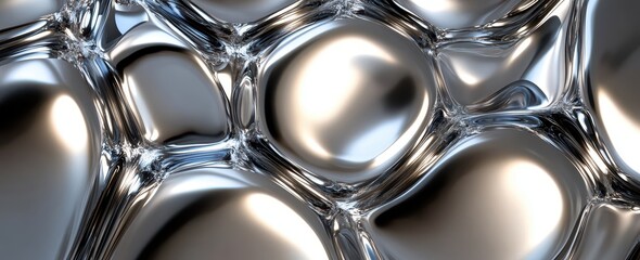 Poster - Glossy Metallic Surface with Reflective Bubbles and Organic Shapes Creating a Futuristic and Abstract Background for Design Projects and Digital Media