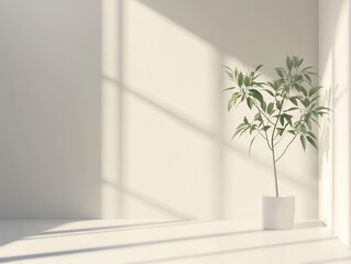 Poster - Green indoor plant in modern minimalist decor with soft shadows created by natural light in a bright, serene setting for relaxation and tranquility