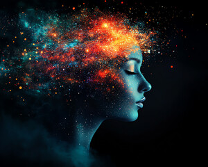 a creative representation of a person with a galaxy in their mind, symbolizing imagination.