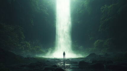 Poster - abstract background with silhouette of man in light pillar in darkness . Generative AI