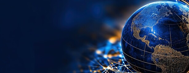 Poster - Global Network with Earth and Bright Connections in Dark Blue Space Background