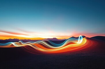 Poster - Mesmerizing Light Trails Dancing Across the Dramatic Desert Landscape Under a Colorful Sunset Sky with Mountains in the Background