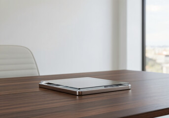 Poster - minimalist podium for product presentation against office background . Generative AI