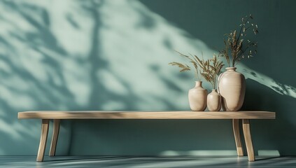Poster - Minimalist Design with Wooden Bench and Elegant Vases on a Soft Green Wall Showcasing Natural Sunlight and Gentle Shadows