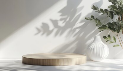 Poster - Minimalist display scene featuring a circular wooden pedestal, white vase, greenery, and soft shadow effects against a bright wall background