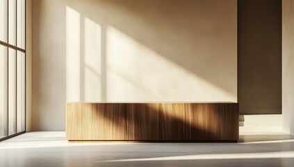 Poster - minimalist interior design featuring a wooden furniture piece against a sunlit wall emphasizing shad
