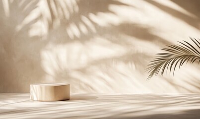 Poster - Minimalist interior scene featuring a light-toned circular podium on a smooth floor with soft shadow patterns from palm leaves creating an elegant atmosphere