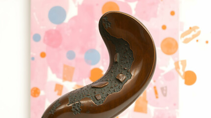 Bronze curved sculpture against a pink and patterned background.
