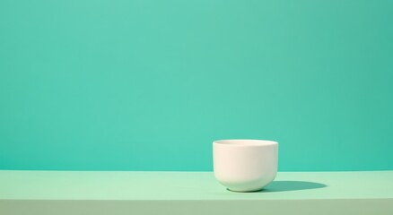 Poster - Minimalist white ceramic bowl on a smooth surface with a vibrant turquoise background, showcasing simplicity and elegance in modern design.